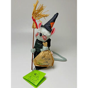 Annalee Doll Mouse Witch Halloween Closed Eyes Broom Trick Treat Paper Bag NWT